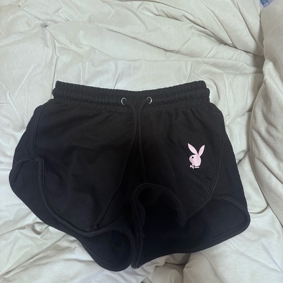 PLAYBOY Pants - PLAYBOY Black and Pink Athletic Shorts with Bunny Logo